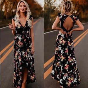 New boho black floral high low maxi dress, large